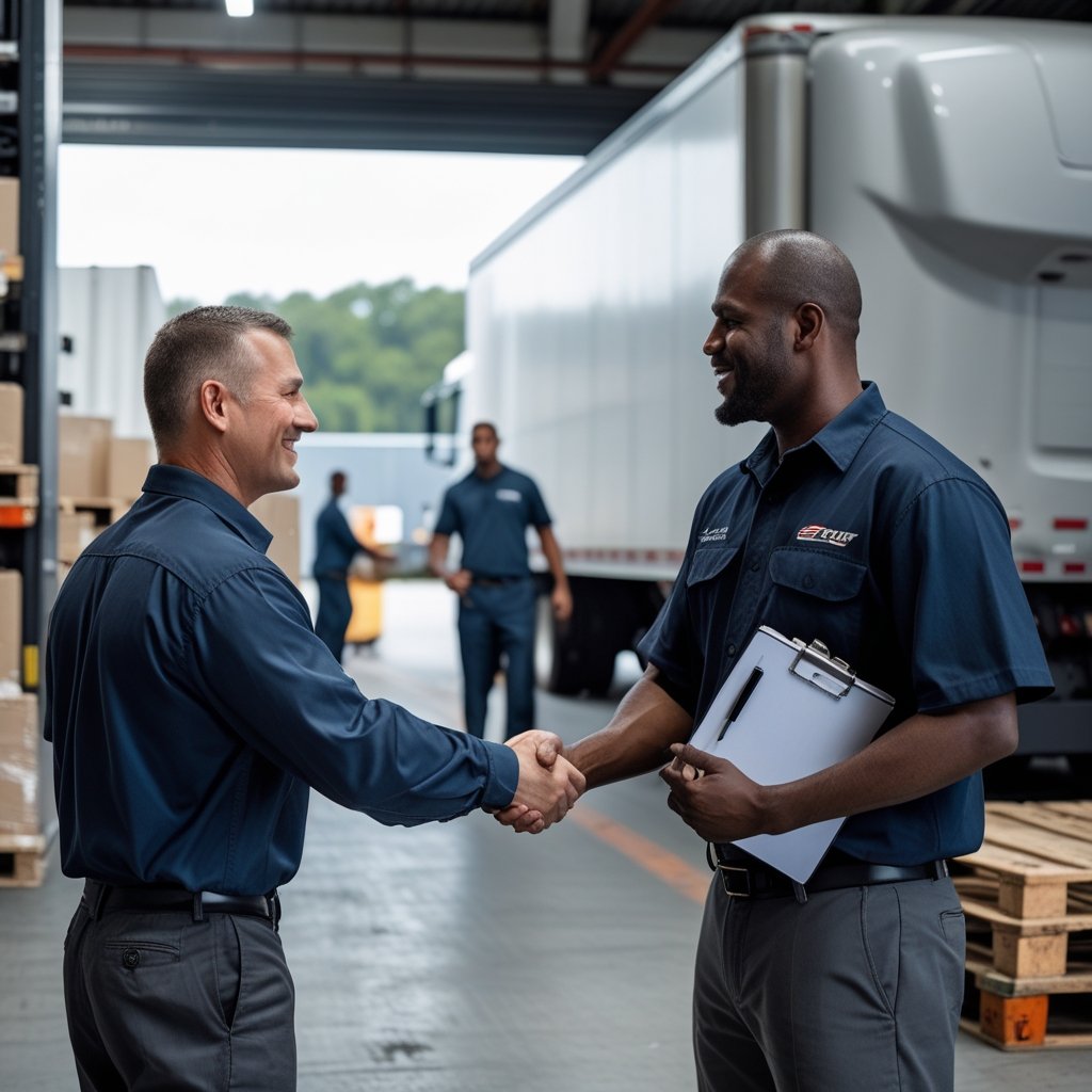 Owner-operator shaking hands with a shipping manager to secure high-paying direct freight contracts.