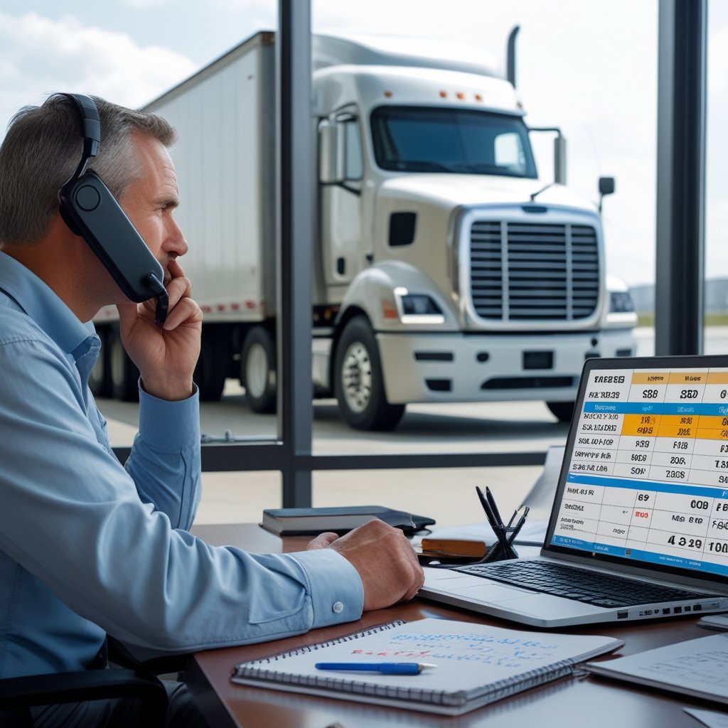 Owner-operator negotiating high-paying loads with a reputable freight broker for better rates.